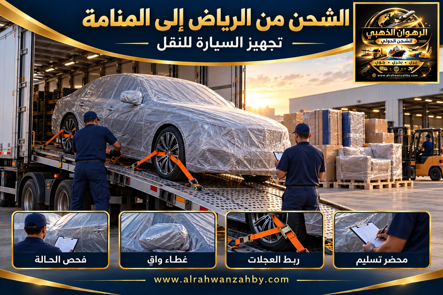تجهيز السيارة للشحن من الرياض إلى المنامة — تصور توضيحي للرهوان الذهبي