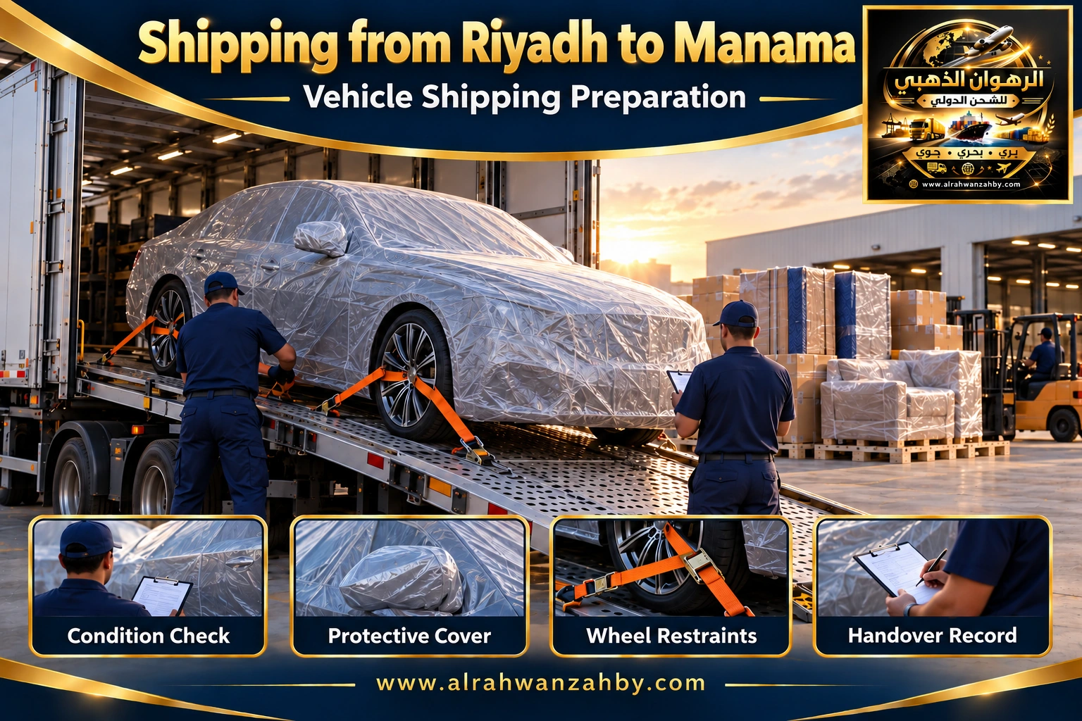 Vehicle shipping preparation from Riyadh to Manama — Alrahwan Golden illustrative visual