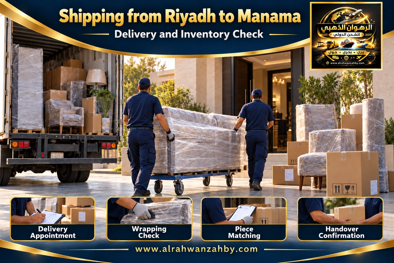 Delivery coordination and inventory matching from Riyadh to Manama — Alrahwan Golden illustrative visual