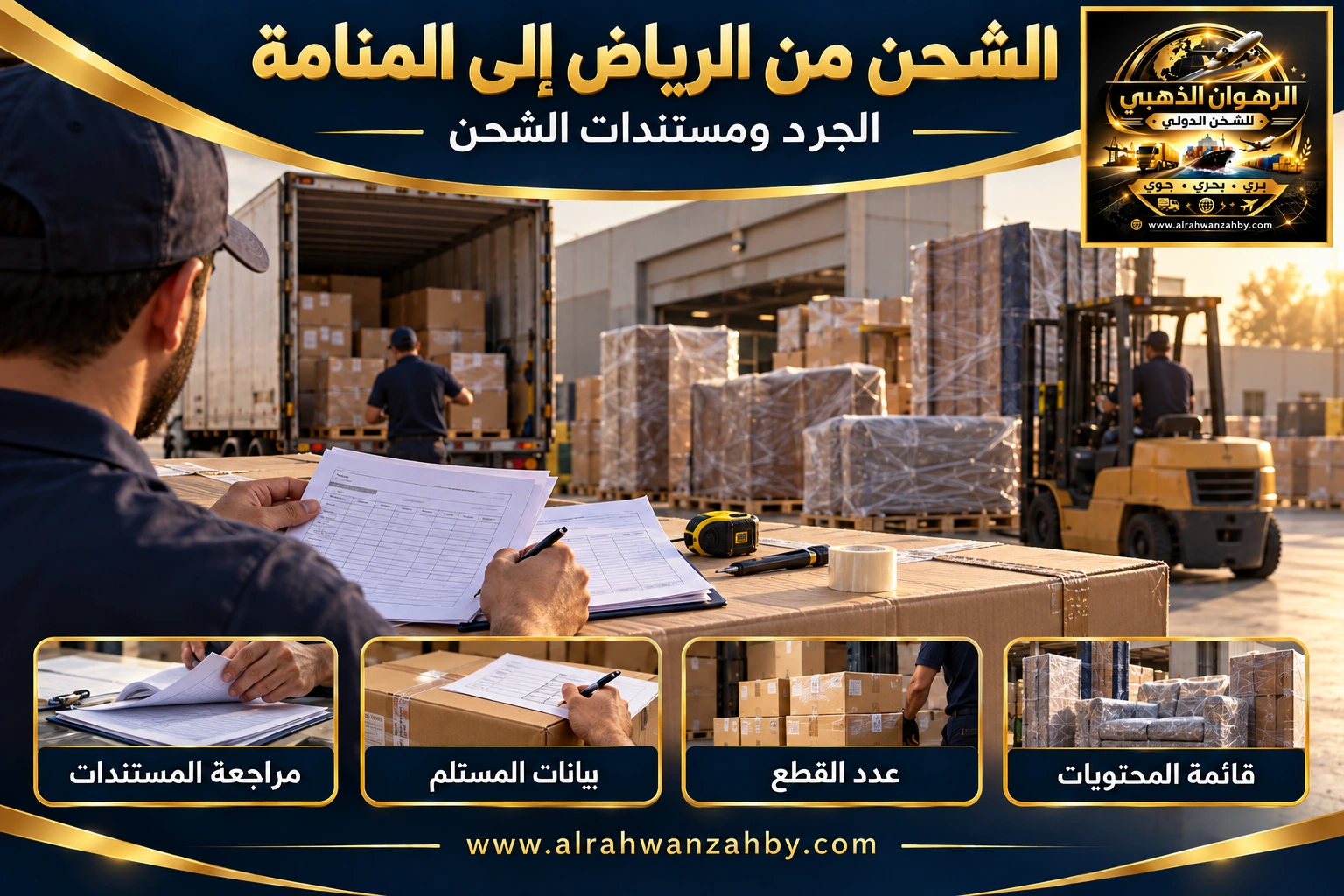 الجرد ومستندات الشحن من الرياض إلى المنامة — تصور توضيحي للرهوان الذهبي