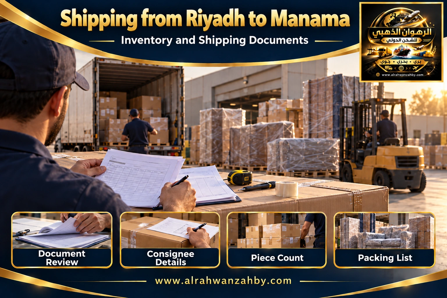 Inventory and shipping documents from Riyadh to Manama — Alrahwan Golden illustrative visual