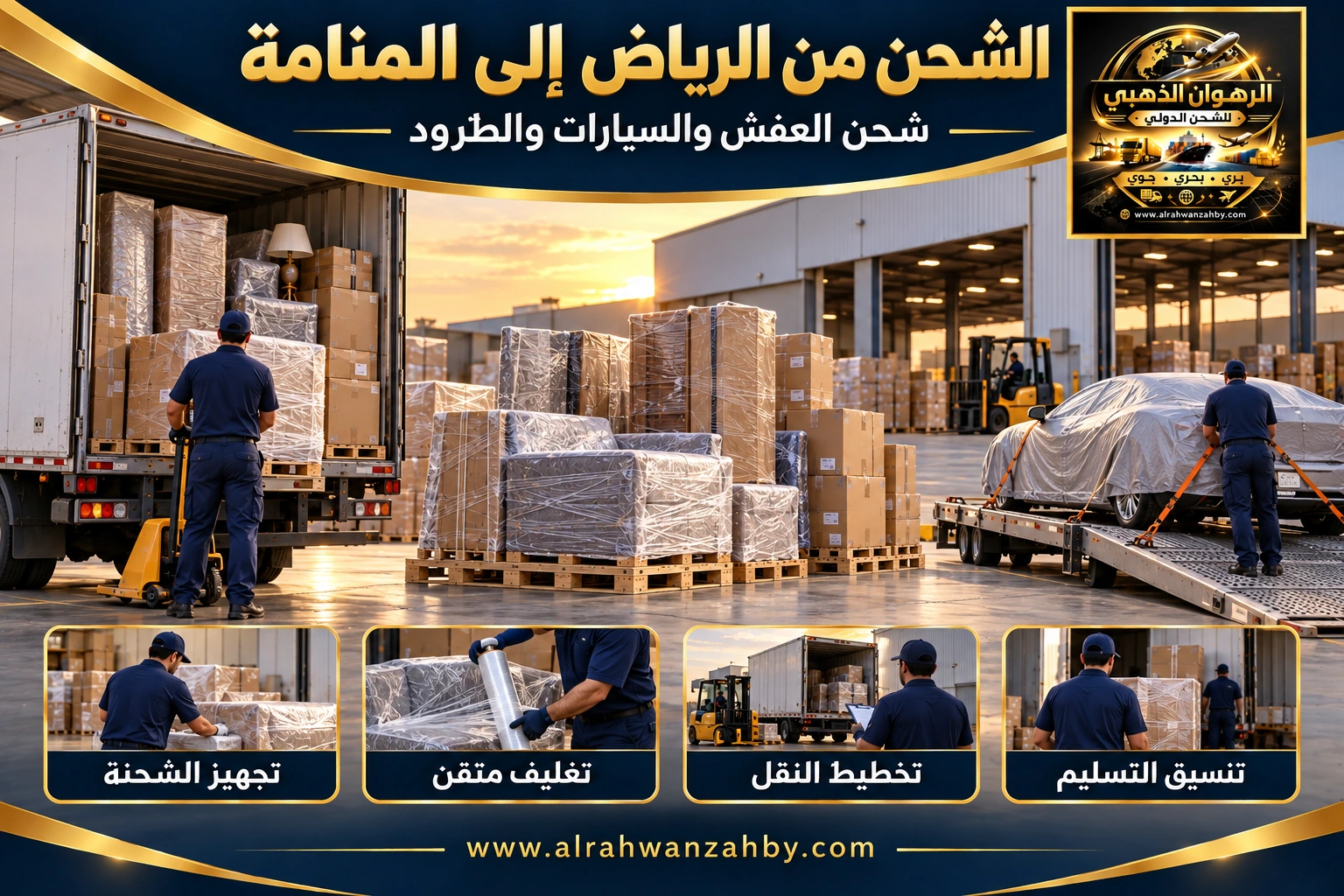 الشحن الدولي من الرياض إلى المنامة — تصور توضيحي للرهوان الذهبي