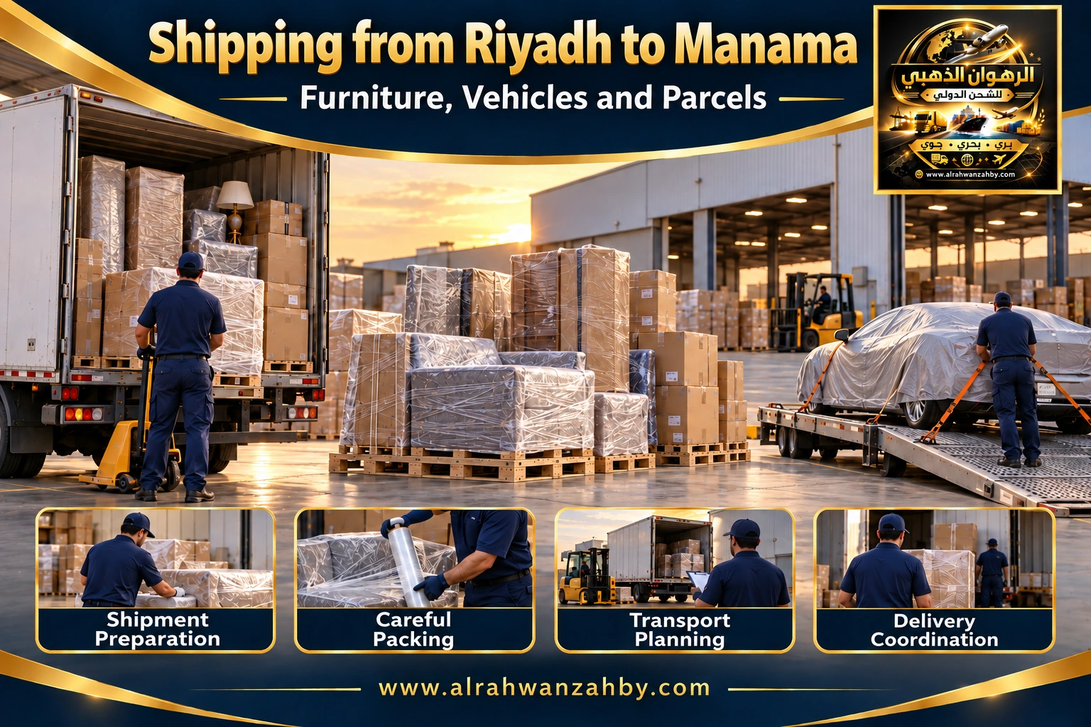 International shipping from Riyadh to Manama — Alrahwan Golden illustrative visual