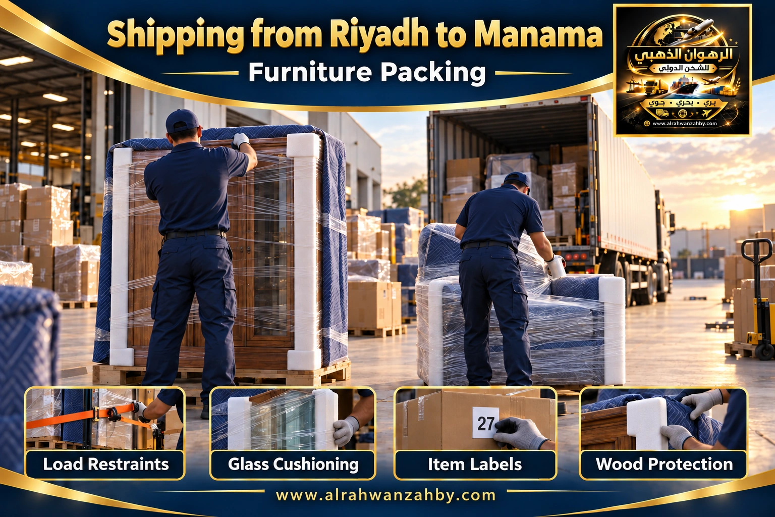 Furniture packing from Riyadh to Manama — Alrahwan Golden illustrative visual