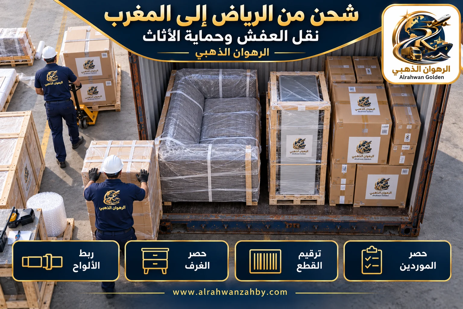 نقل العفش وحماية الأثاث — شحن من الرياض إلى المغرب