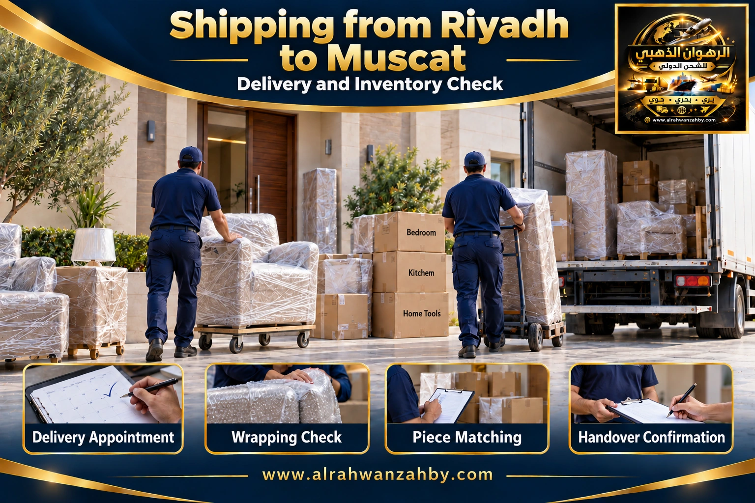 Delivery coordination and inventory matching from Riyadh to Muscat — Alrahwan Golden illustrative visual