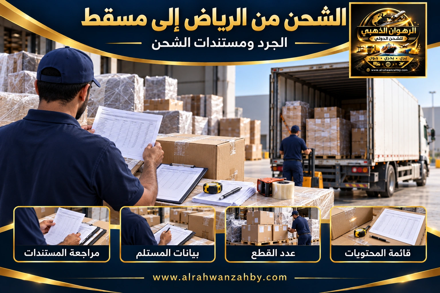 الجرد ومستندات الشحن من الرياض إلى مسقط — تصور توضيحي للرهوان الذهبي