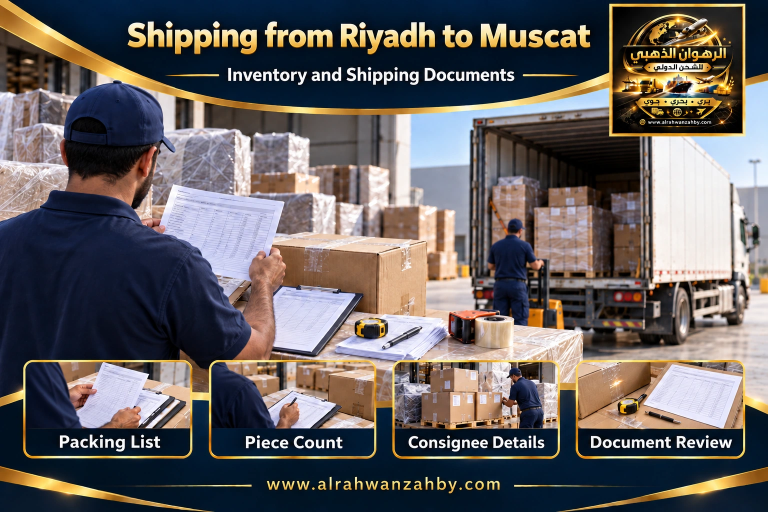 Inventory and shipping documents from Riyadh to Muscat — Alrahwan Golden illustrative visual