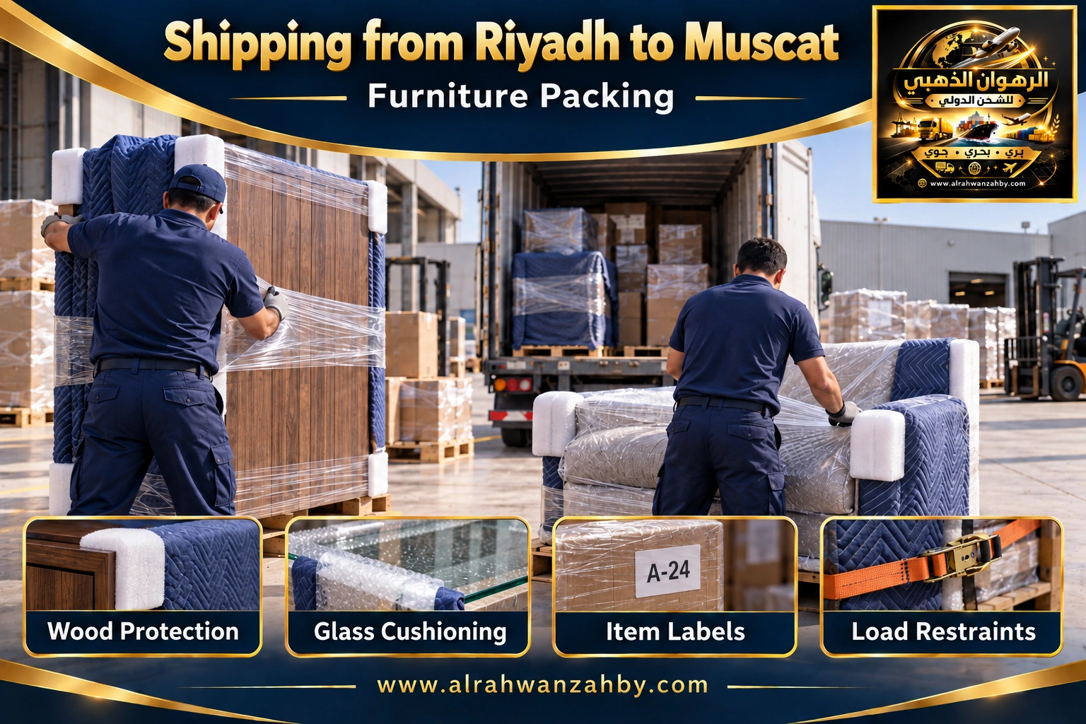 Furniture packing from Riyadh to Muscat — Alrahwan Golden illustrative visual