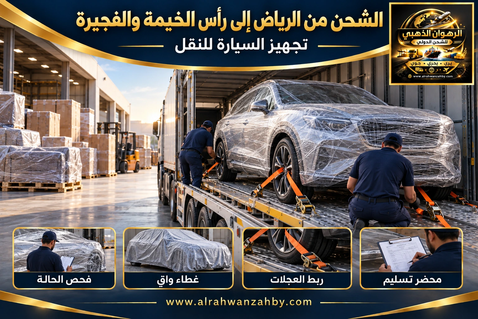 تجهيز السيارة للشحن من الرياض إلى رأس الخيمة والفجيرة — تصور توضيحي للرهوان الذهبي