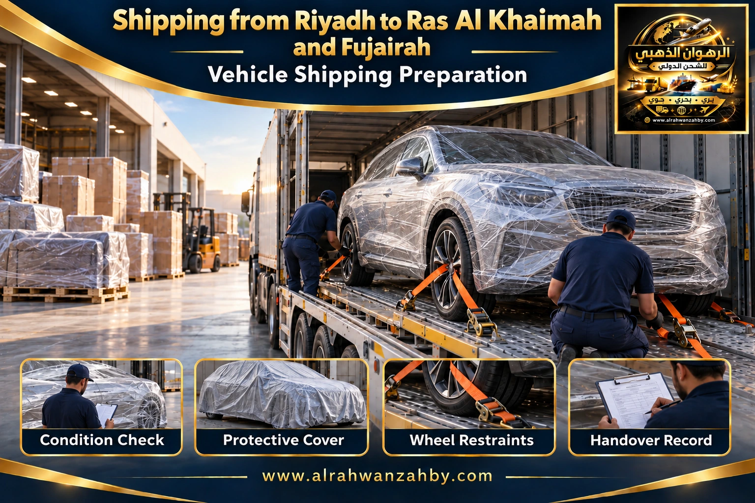 Vehicle shipping preparation from Riyadh to Ras Al Khaimah and Fujairah — Alrahwan Golden illustrative visual