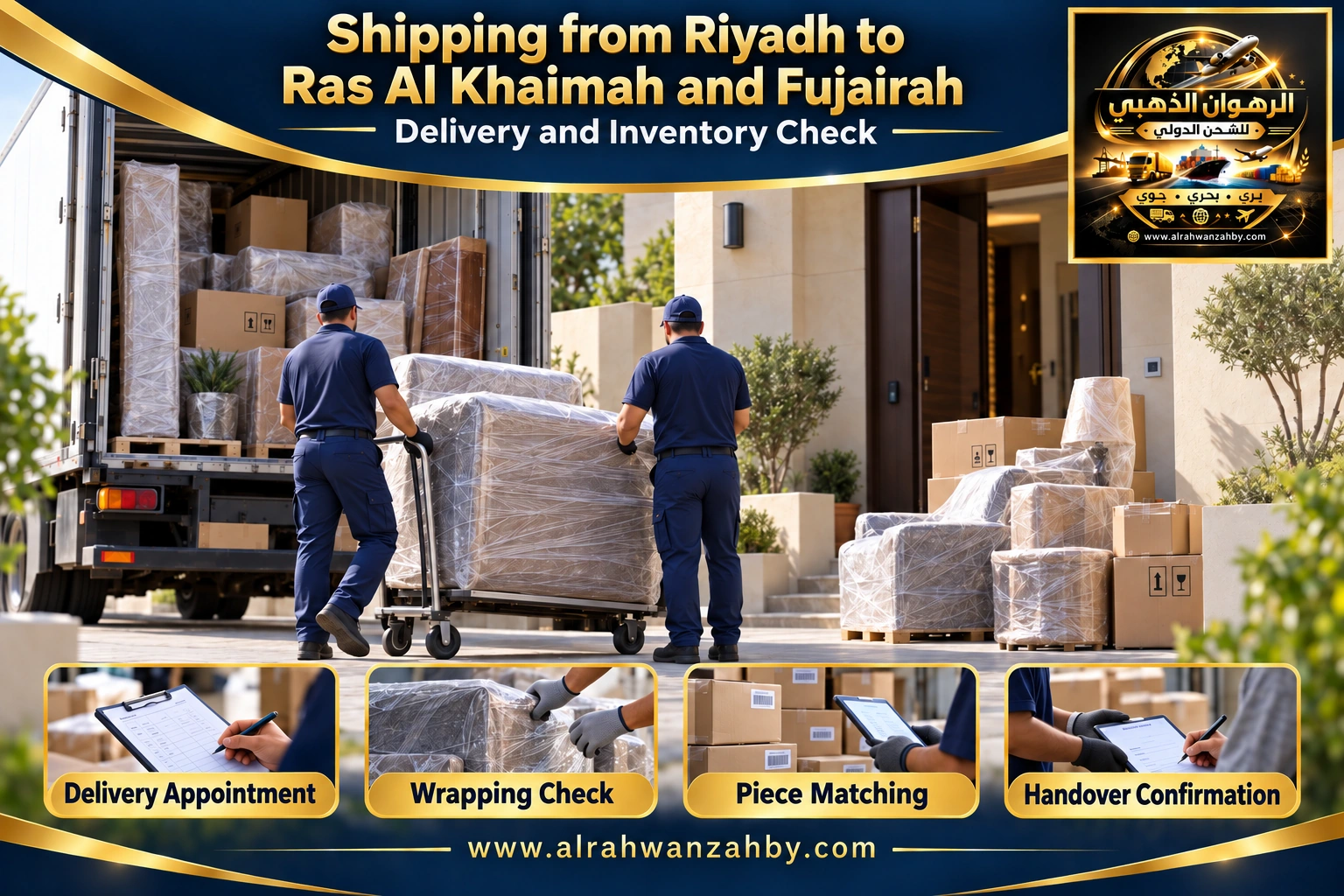 Delivery coordination and inventory matching from Riyadh to Ras Al Khaimah and Fujairah — Alrahwan Golden illustrative visual
