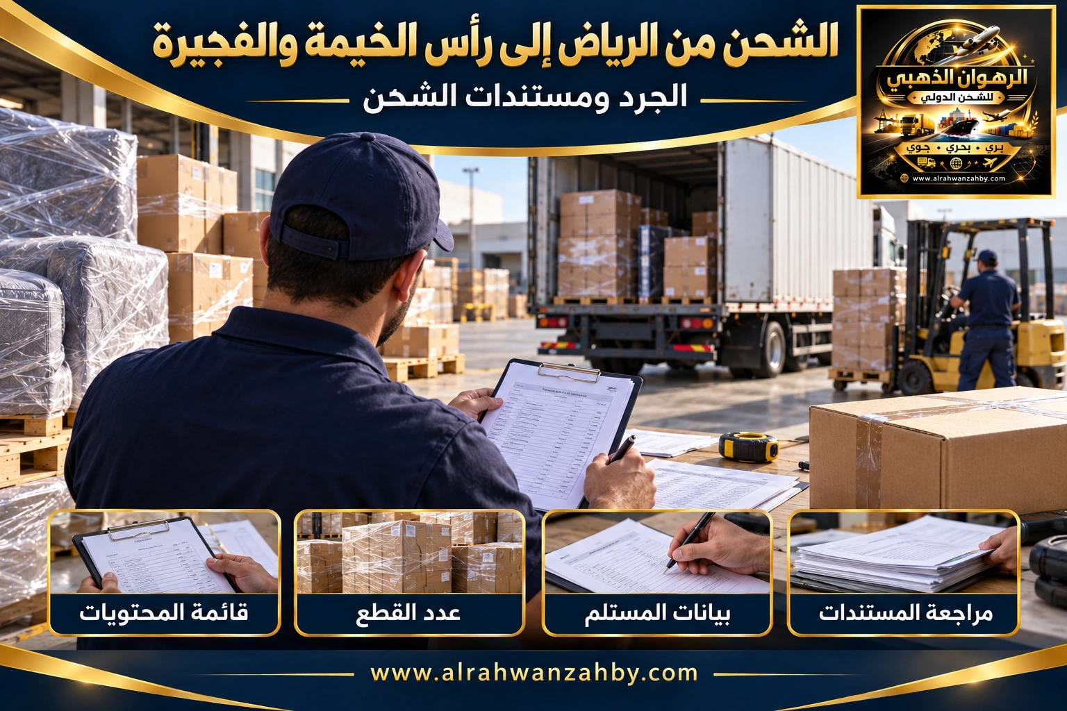 الجرد ومستندات الشحن من الرياض إلى رأس الخيمة والفجيرة — تصور توضيحي للرهوان الذهبي
