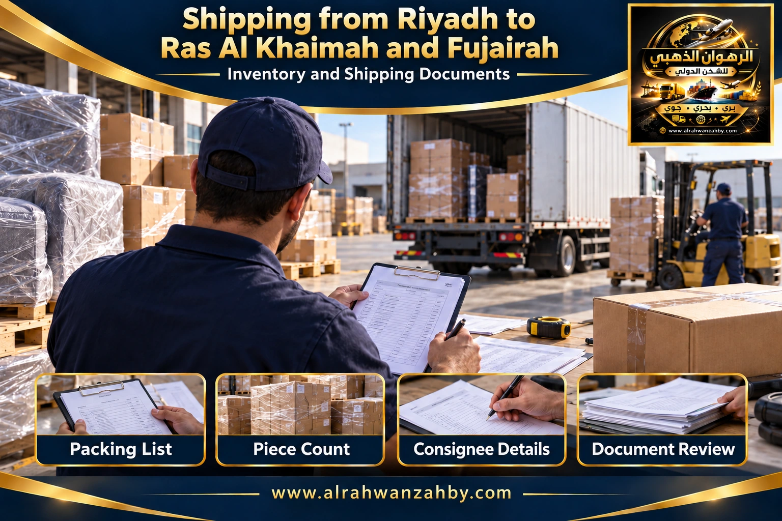 Inventory and shipping documents from Riyadh to Ras Al Khaimah and Fujairah — Alrahwan Golden illustrative visual
