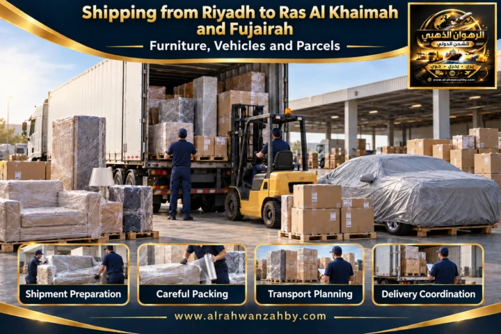 International shipping from Riyadh to Ras Al Khaimah and Fujairah — Alrahwan Golden illustrative visual
