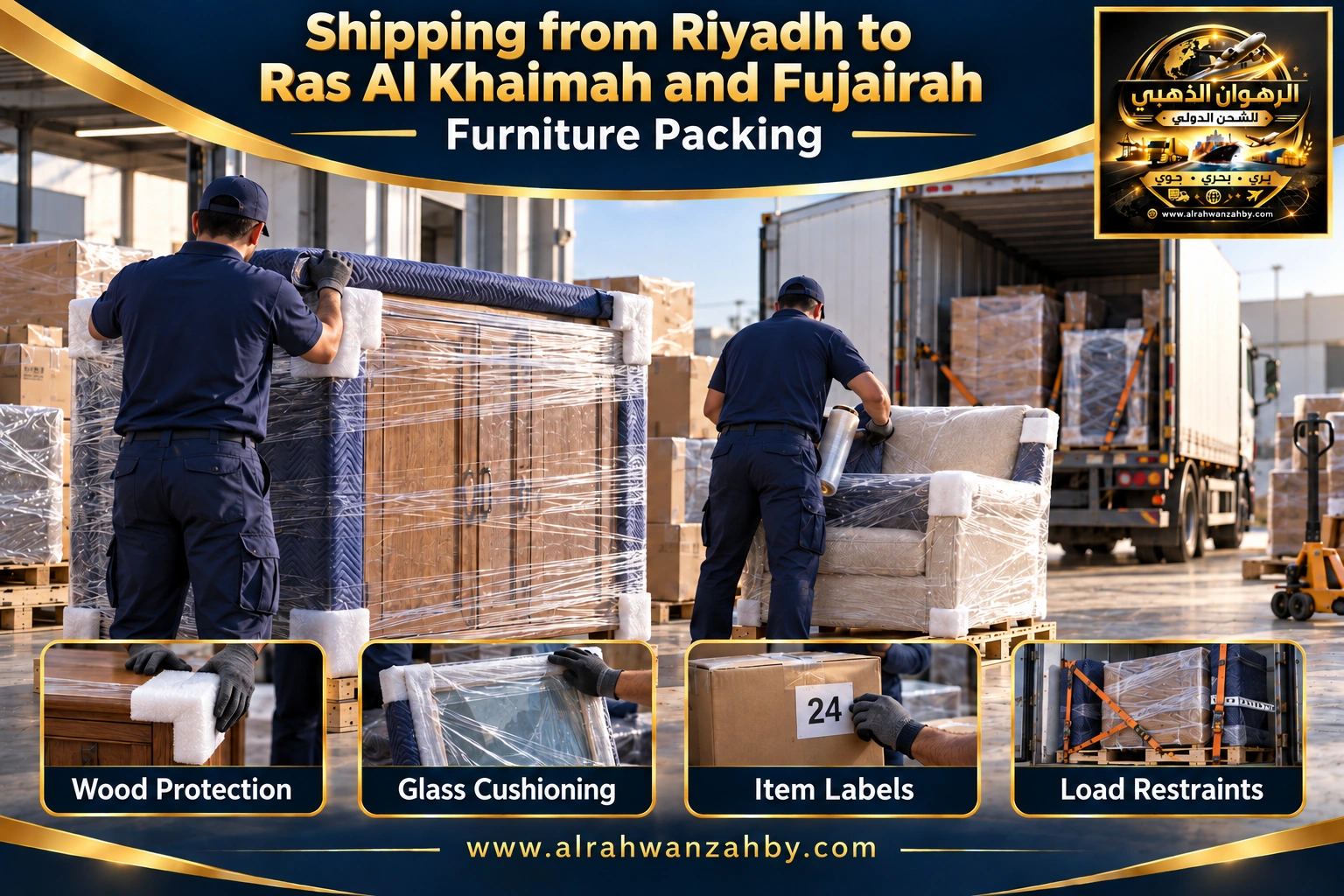 Furniture packing from Riyadh to Ras Al Khaimah and Fujairah — Alrahwan Golden illustrative visual