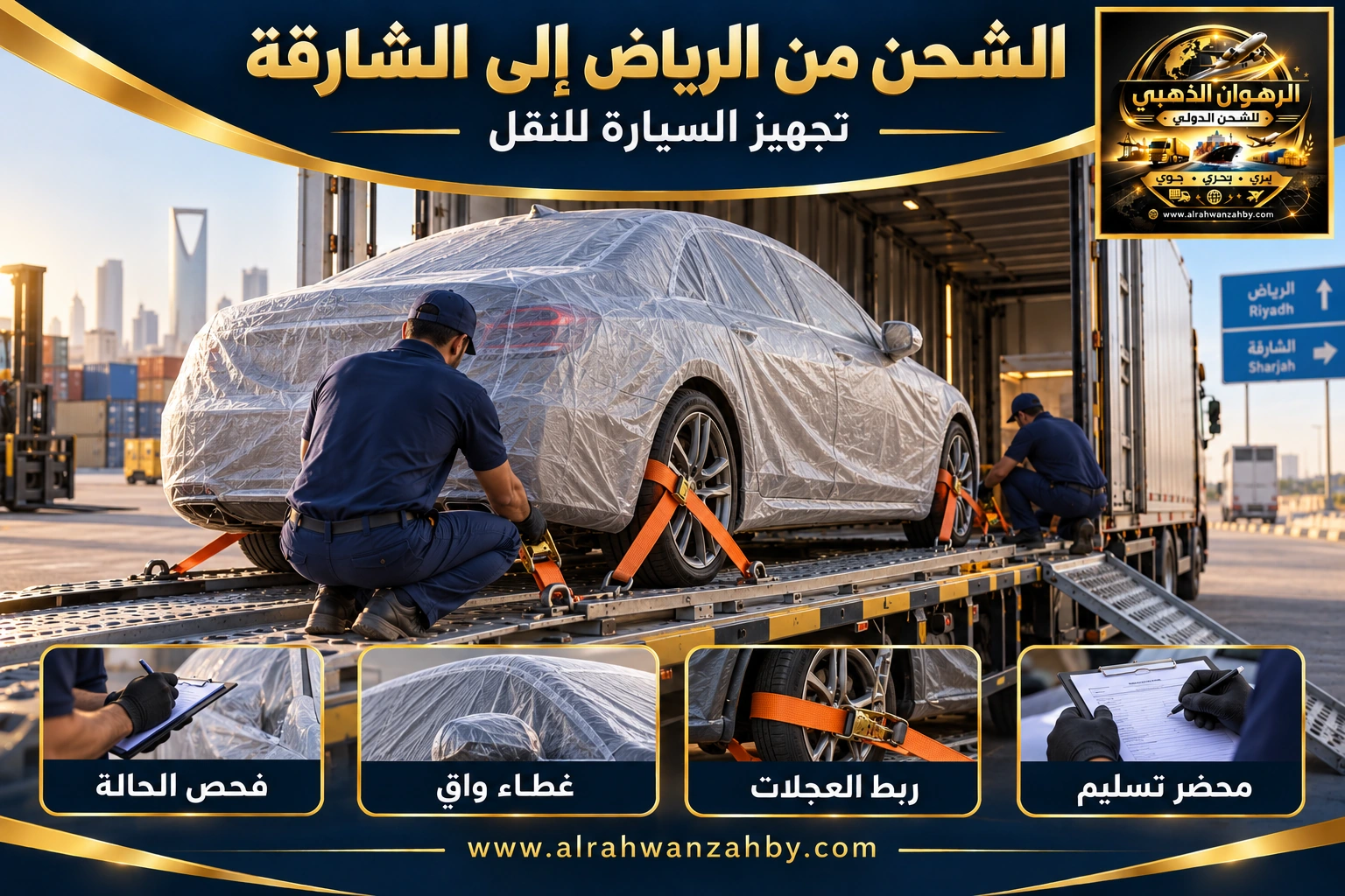 تجهيز السيارة للشحن من الرياض إلى الشارقة — تصور توضيحي للرهوان الذهبي