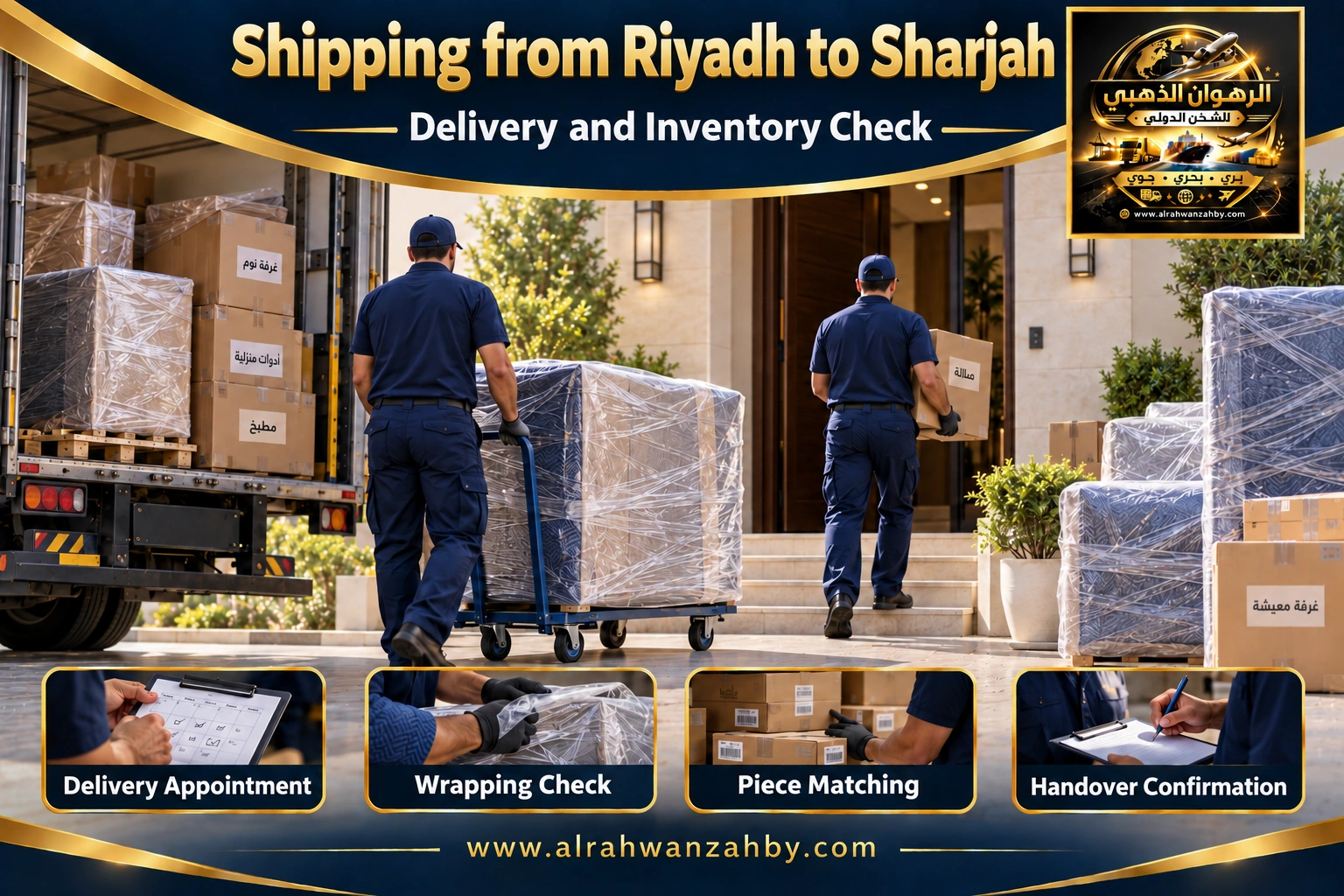 Delivery coordination and inventory matching from Riyadh to Sharjah — Alrahwan Golden illustrative visual
