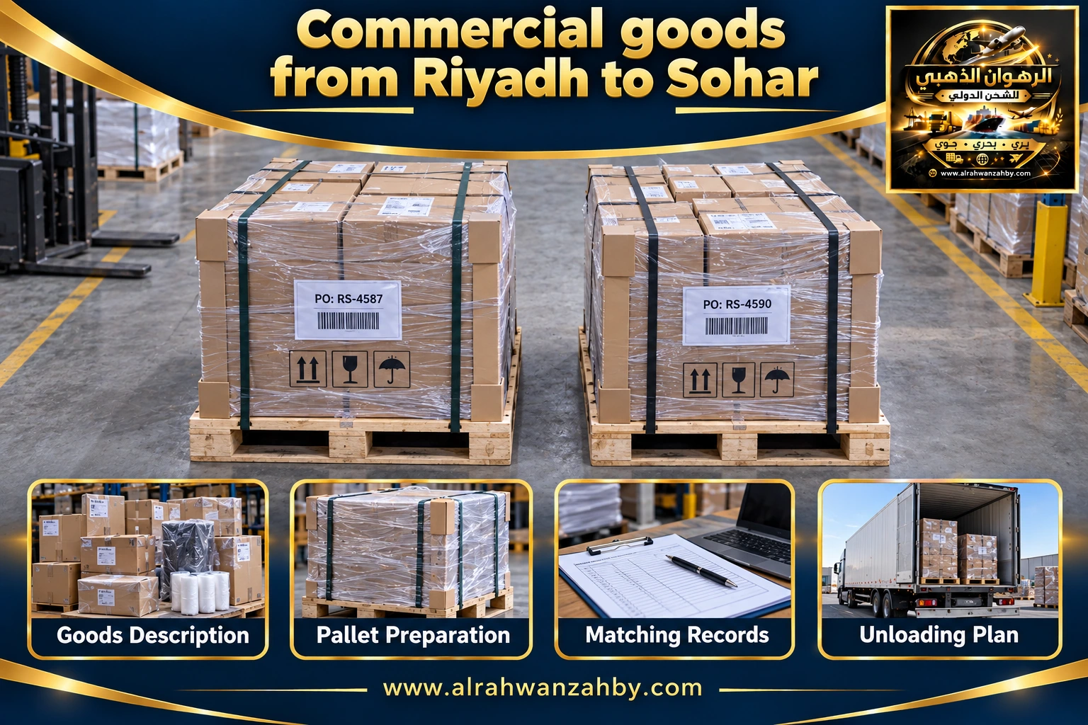 Commercial goods from Riyadh to Sohar — preparation and delivery