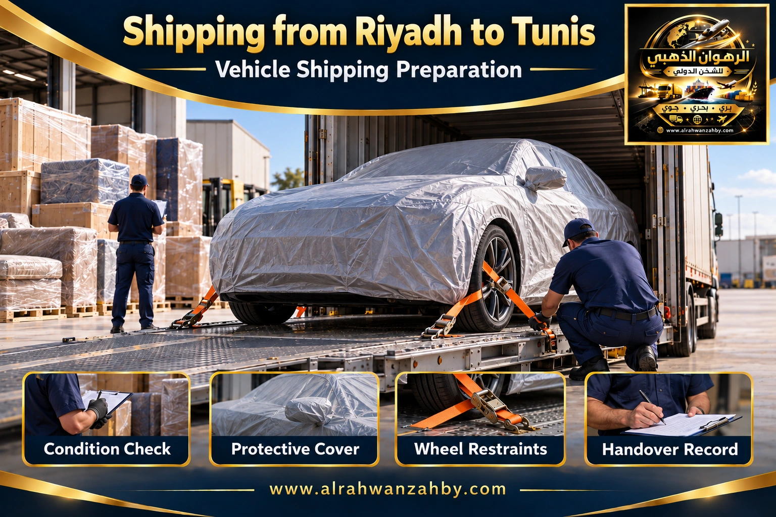 Vehicle shipping preparation from Riyadh to Tunis — Alrahwan Golden illustrative visual