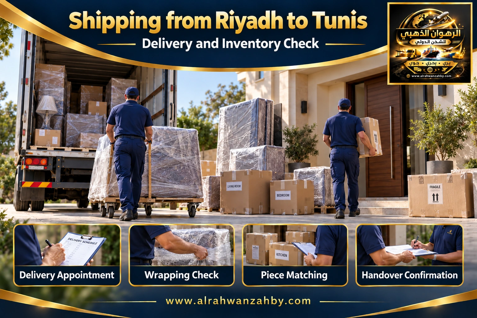 Delivery coordination and inventory matching from Riyadh to Tunis — Alrahwan Golden illustrative visual
