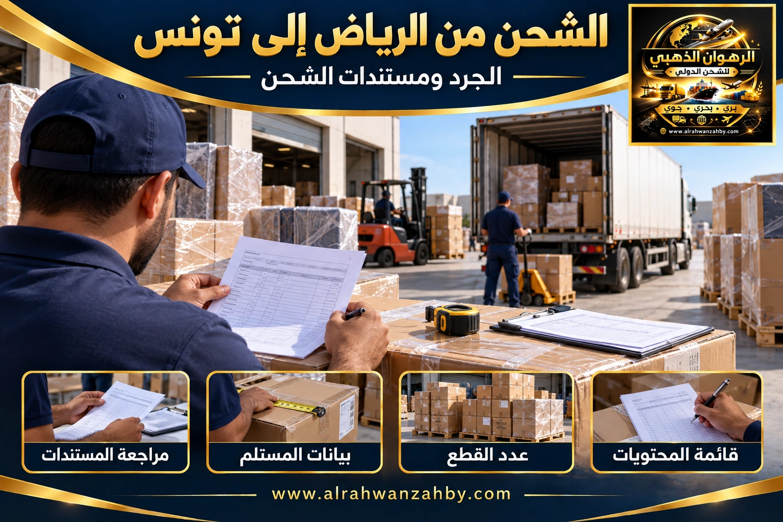 الجرد ومستندات الشحن من الرياض إلى تونس — تصور توضيحي للرهوان الذهبي