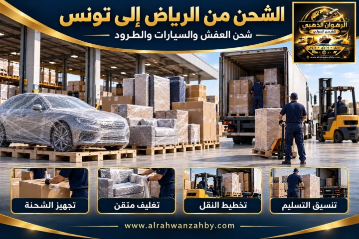 الشحن الدولي من الرياض إلى تونس — تصور توضيحي للرهوان الذهبي