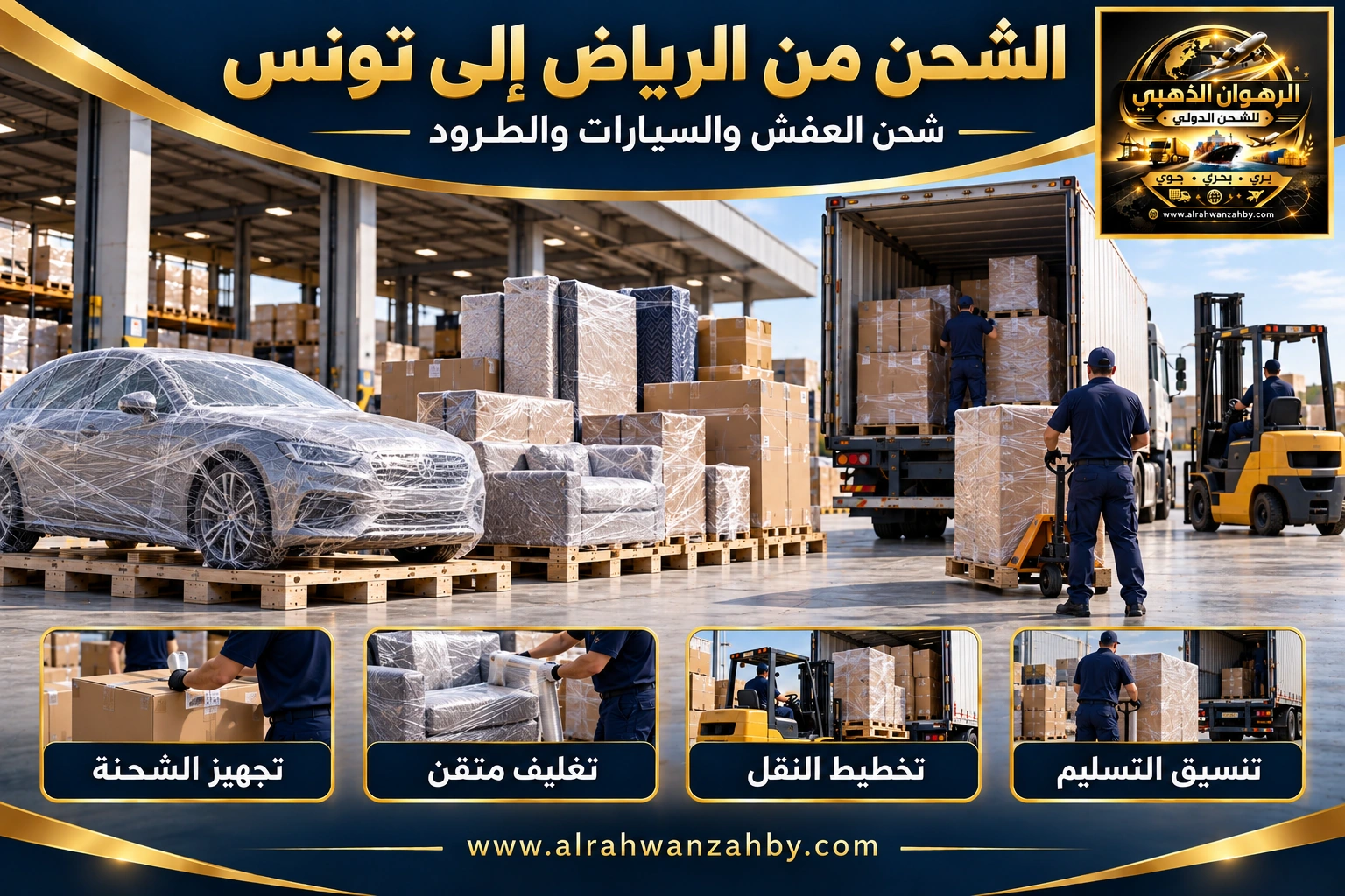 الشحن الدولي من الرياض إلى تونس — تصور توضيحي للرهوان الذهبي