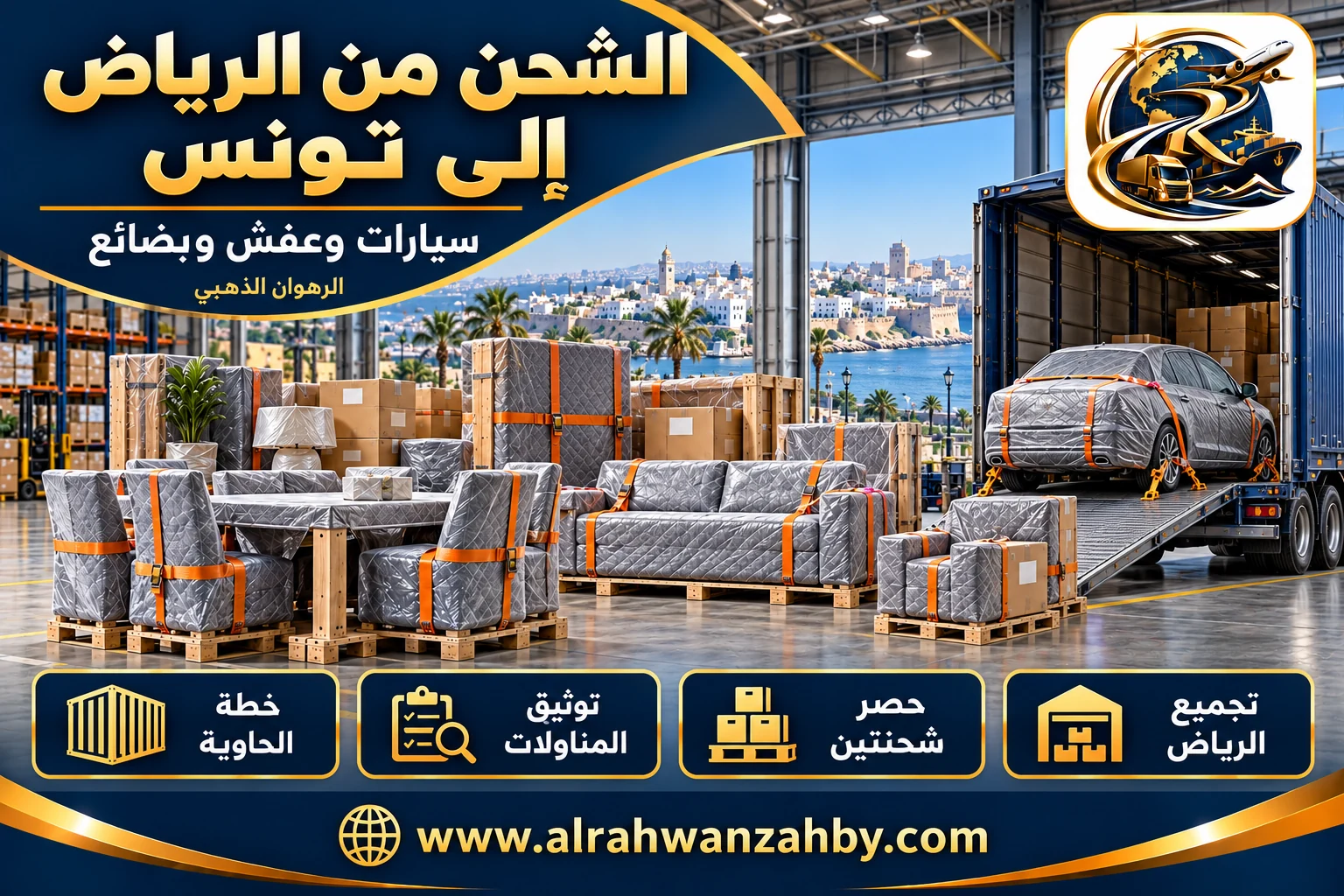 سيارات وعفش وبضائع، الشحن من الرياض إلى تونس