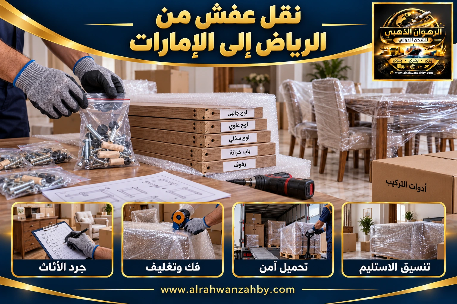 نقل عفش من الرياض إلى الإمارات — التجهيز والتسليم