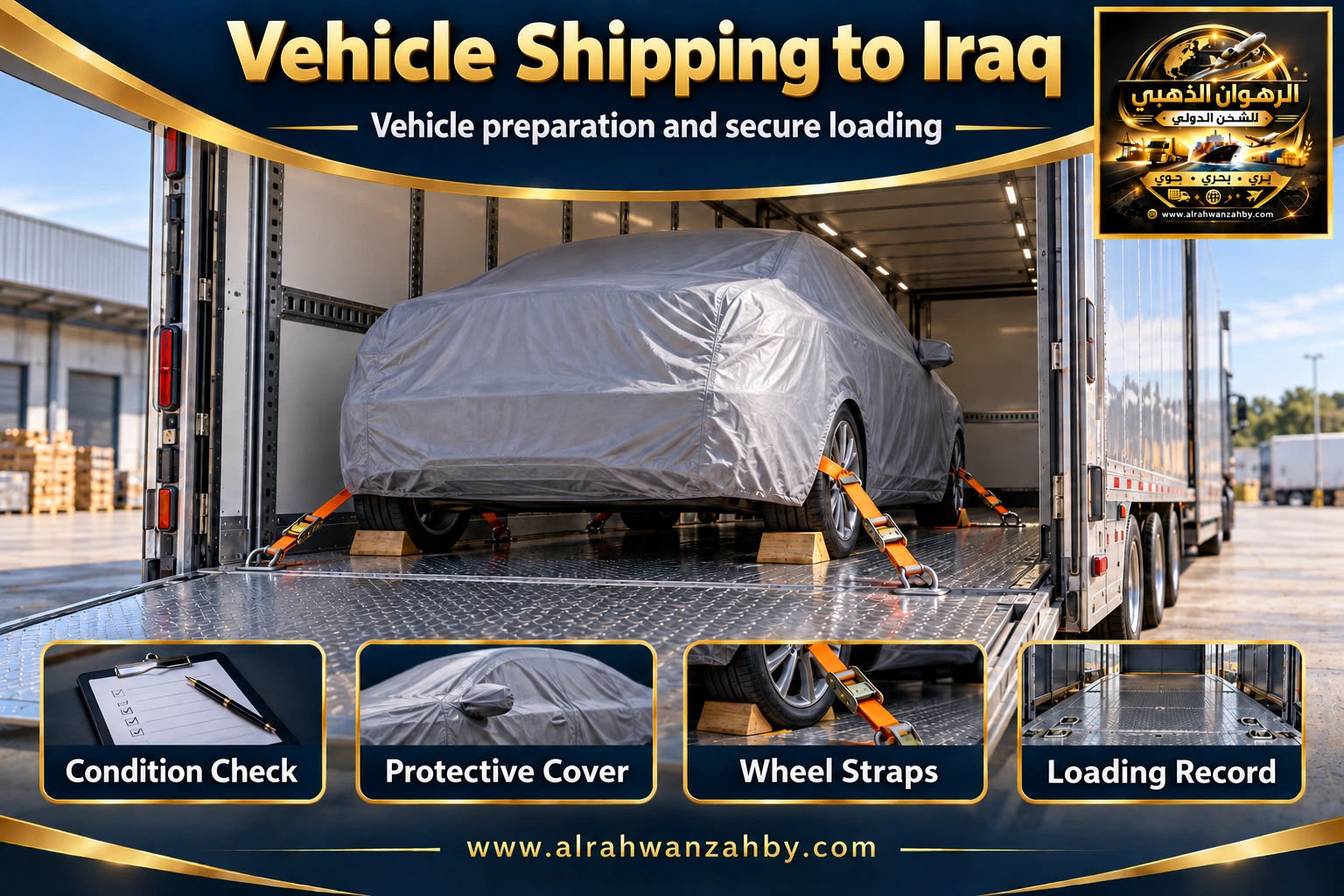 Vehicle shipping preparation from Saudi Arabia to Iraq — Alrahwan Golden illustrative visual