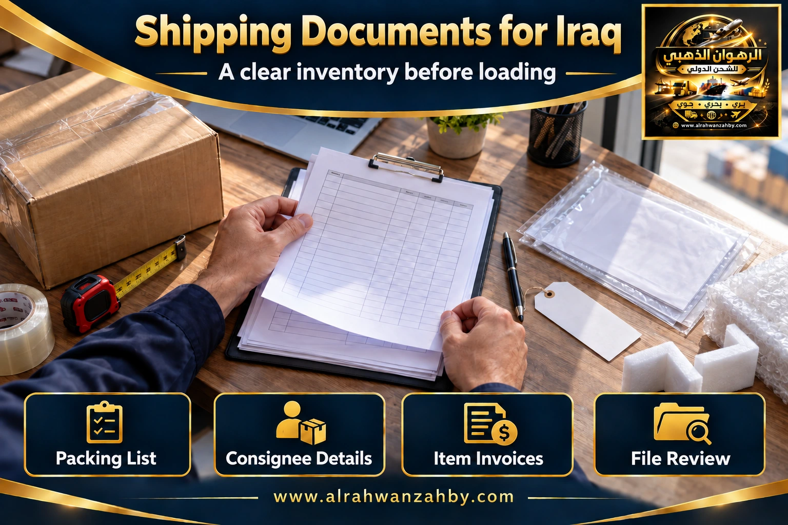 Inventory and shipping documents from Saudi Arabia to Iraq — Alrahwan Golden illustrative visual