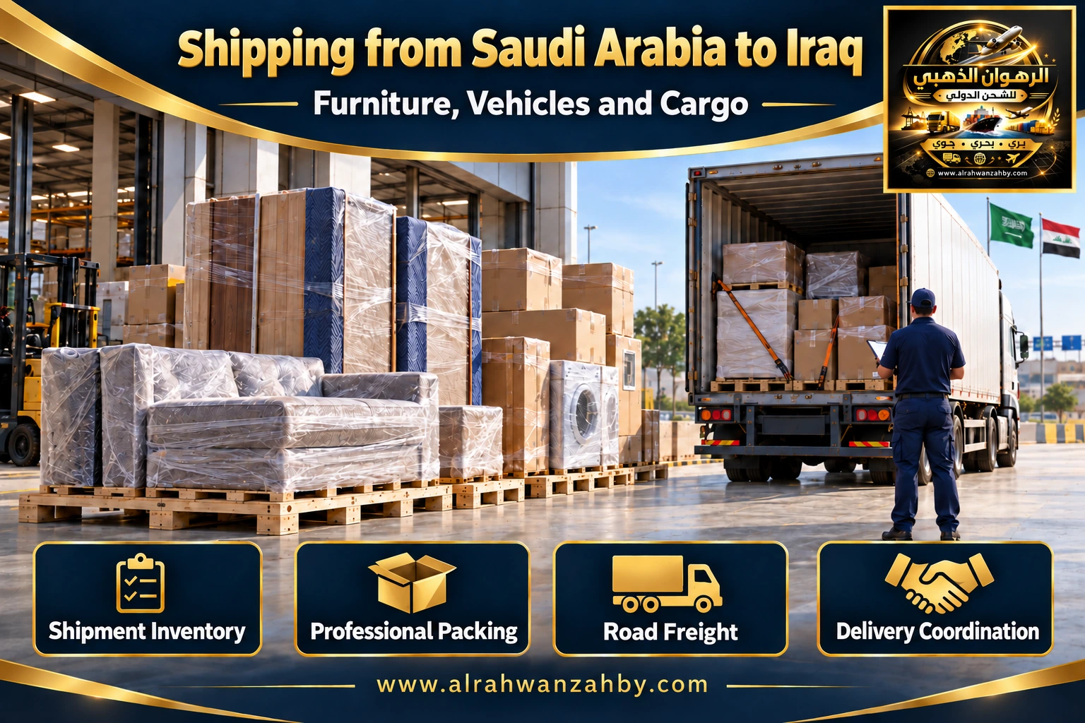 International shipping from Saudi Arabia to Iraq — Alrahwan Golden illustrative visual
