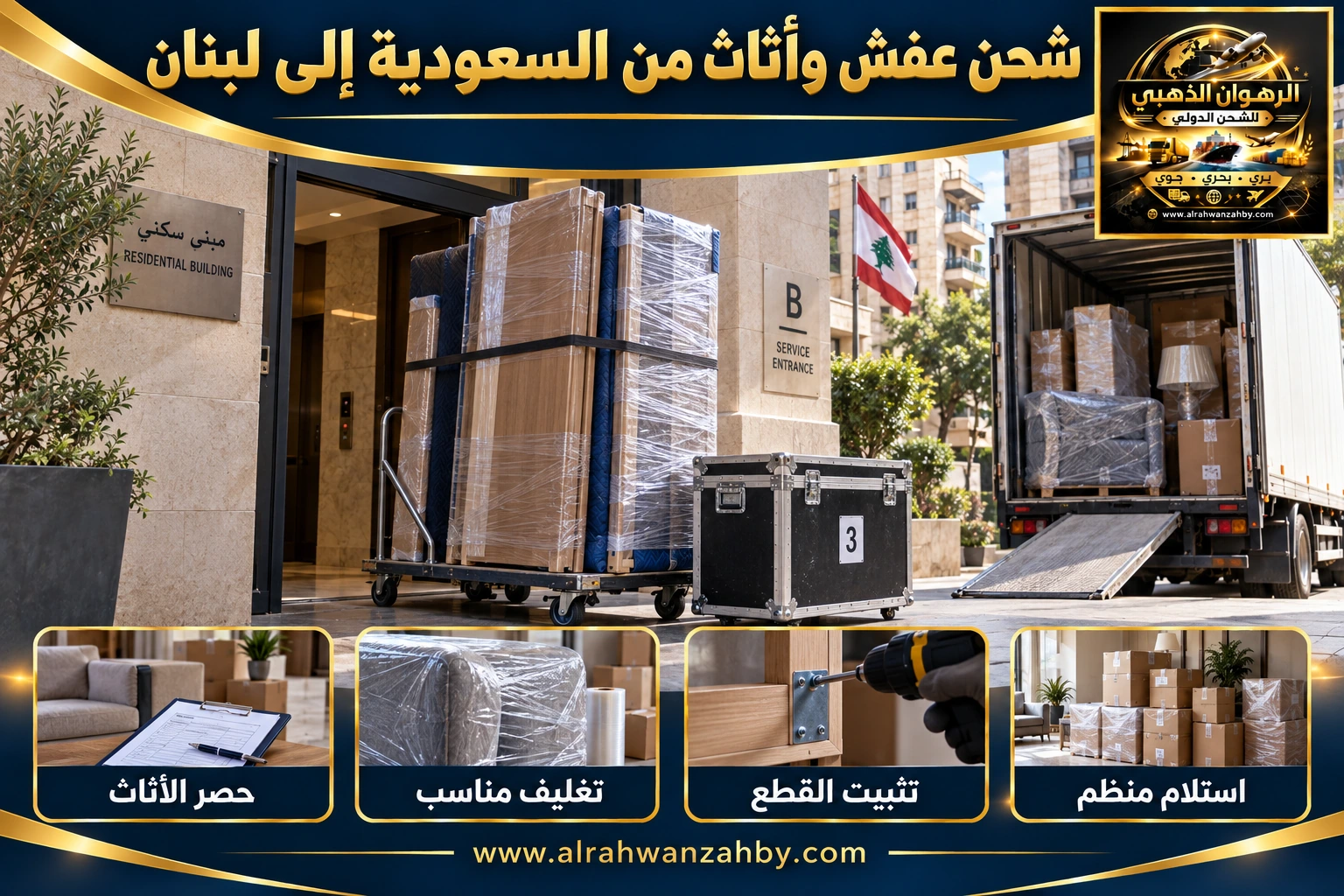 شحن عفش وأثاث من السعودية إلى لبنان — التجهيز والتسليم