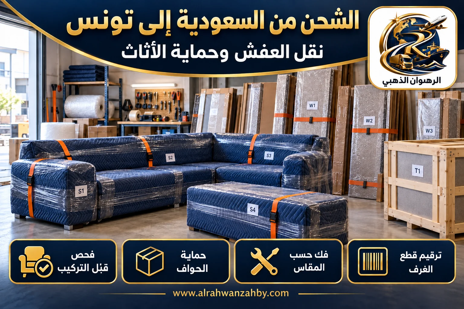 تغليف الأثاث في السعودية قبل شحنه إلى تونس