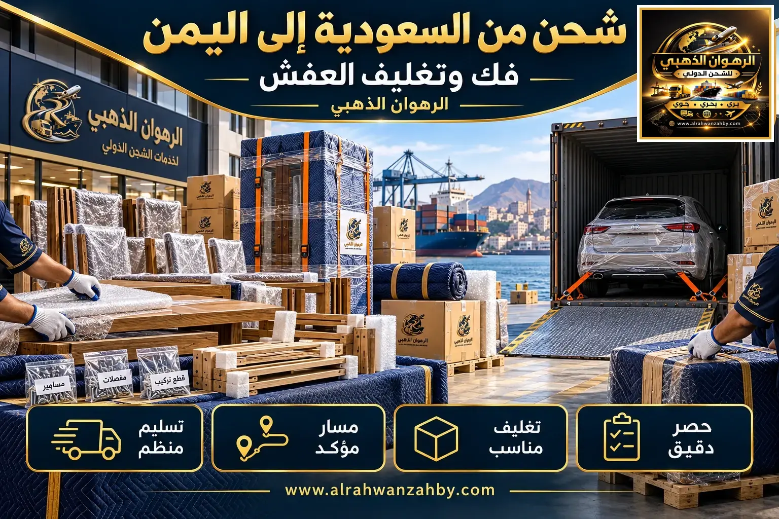 شحن من السعودية إلى اليمن — فك وتغليف العفش