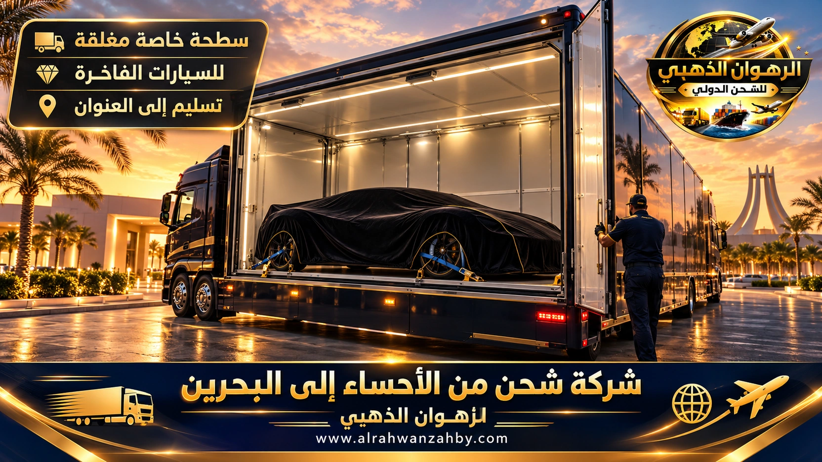 سيارة رياضية مغطاة على سطحة مغلقة في الأحساء للنقل إلى البحرين