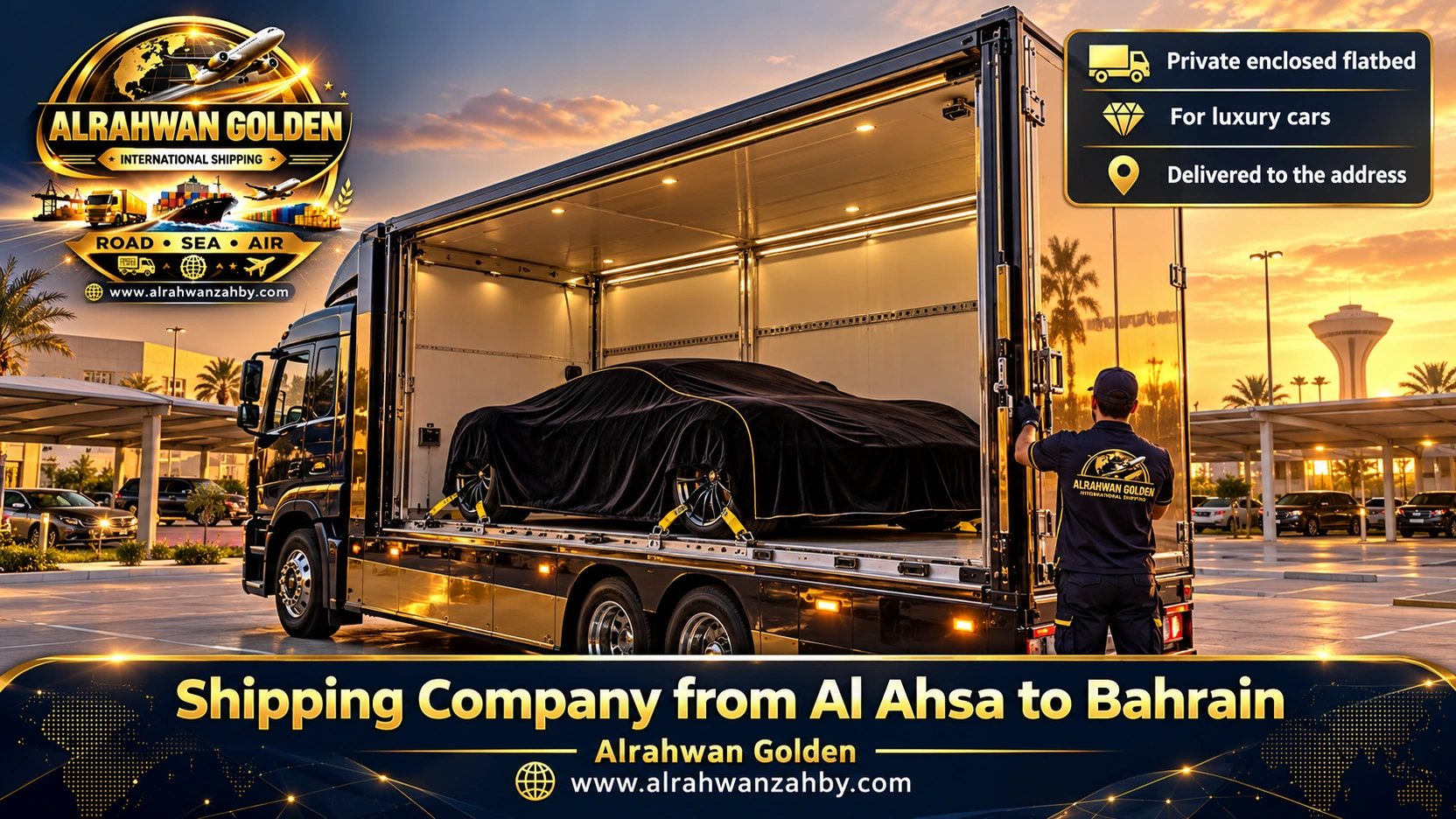 A covered sports car on an enclosed flatbed in Al Ahsa for transport to Bahrain