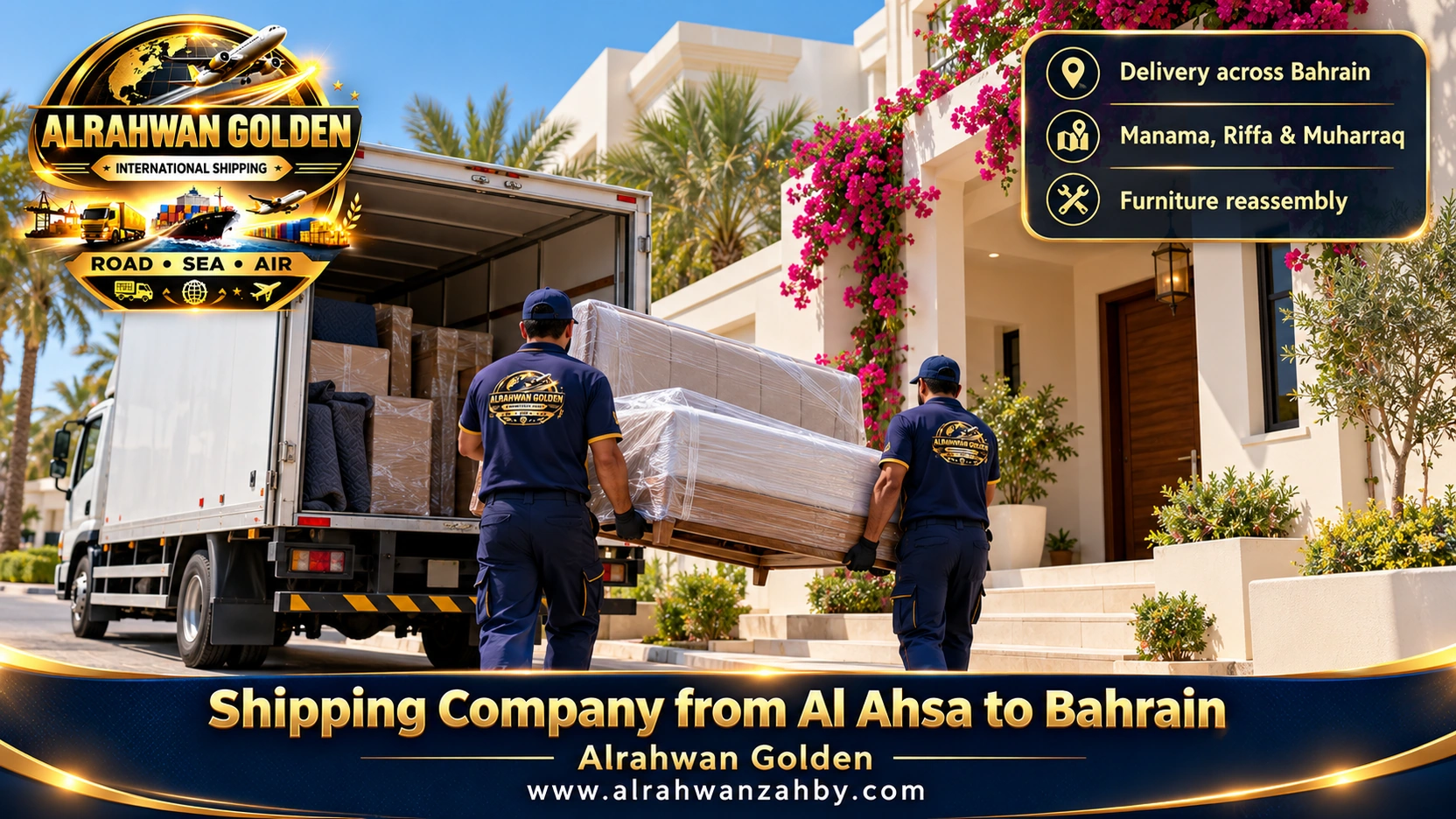 Delivering a wrapped bed to a home in Riffa from an Al Ahsa shipment