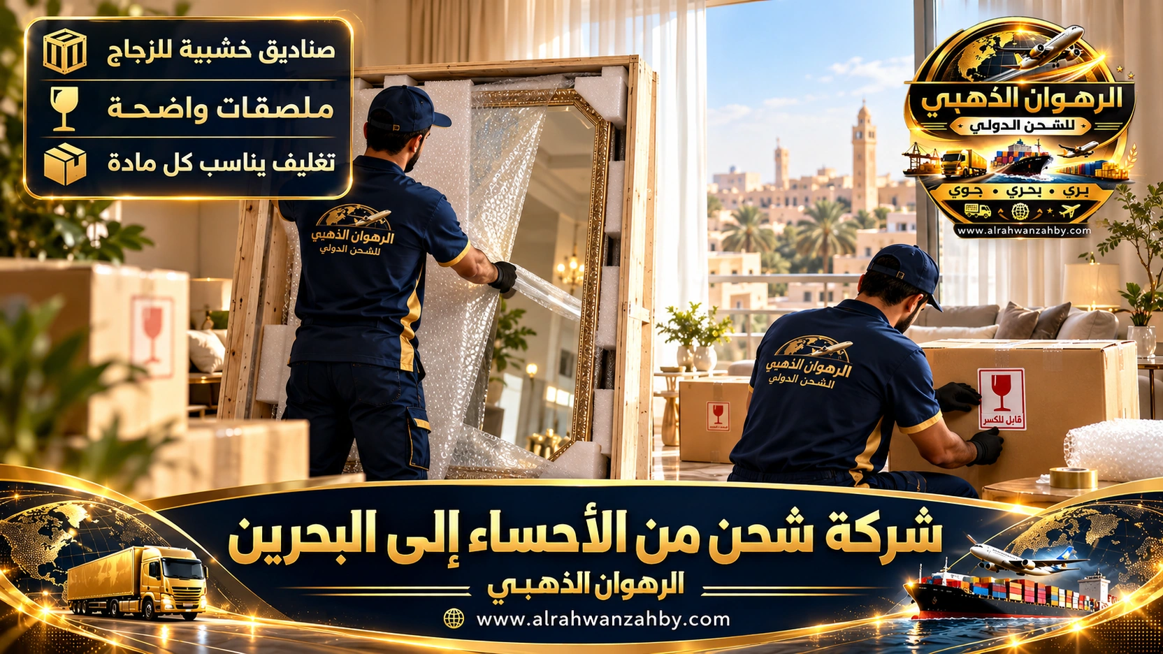 تغليف مرآة كبيرة في صندوق خشبي بالمبرز قبل نقلها إلى البحرين