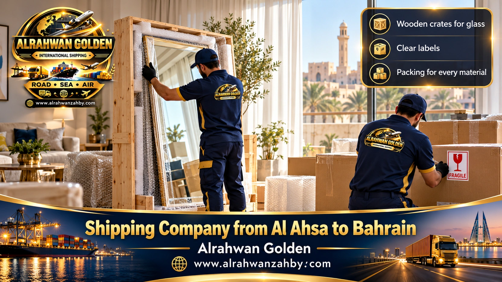 Packing a large mirror in a wooden crate in Al Mubarraz before moving to Bahrain