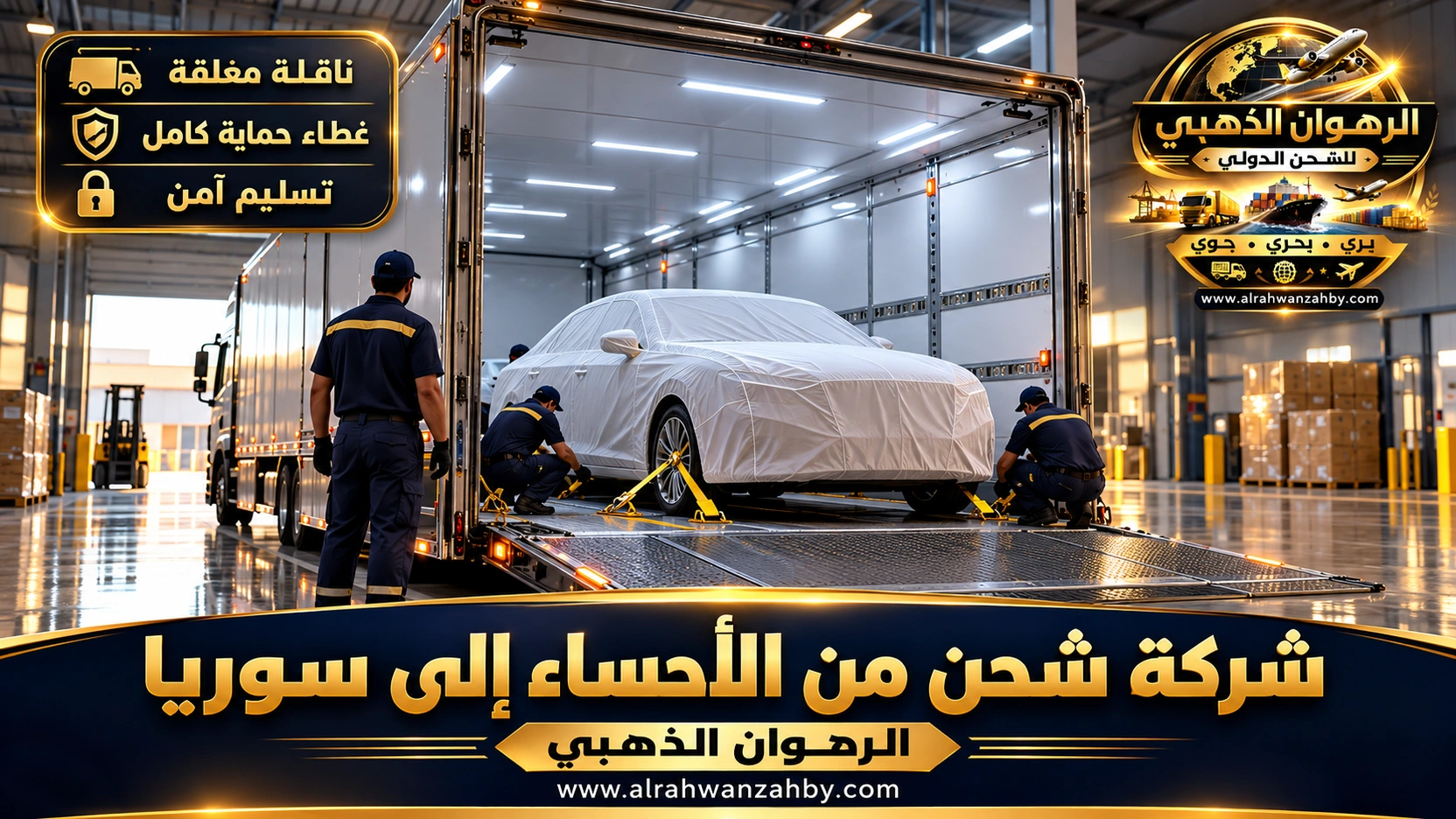 سيارة مغطاة تُرفع على ناقلة مغلقة في الأحساء للشحن إلى سوريا