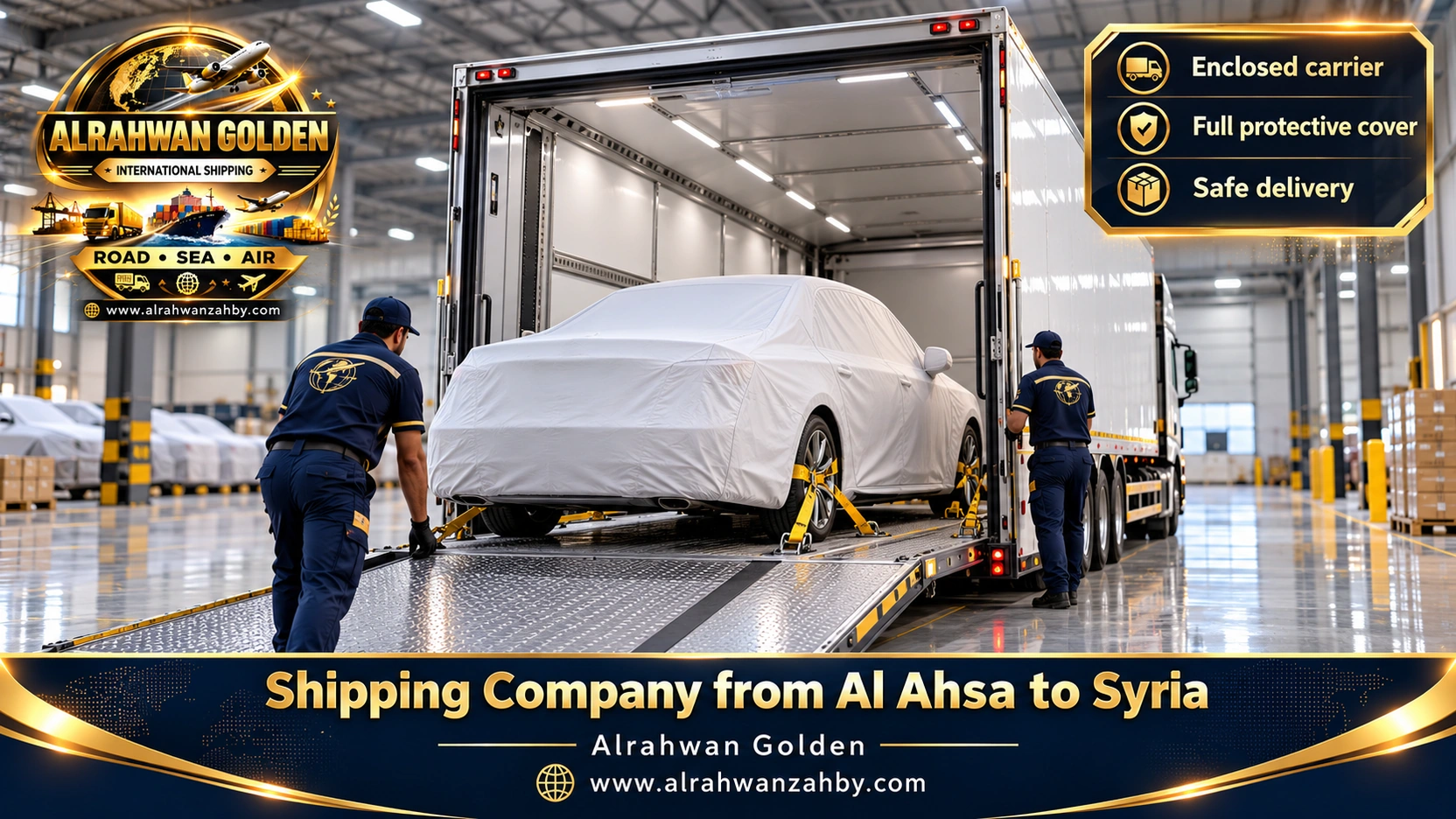 A covered car lifted onto an enclosed carrier in Al Ahsa for shipping to Syria
