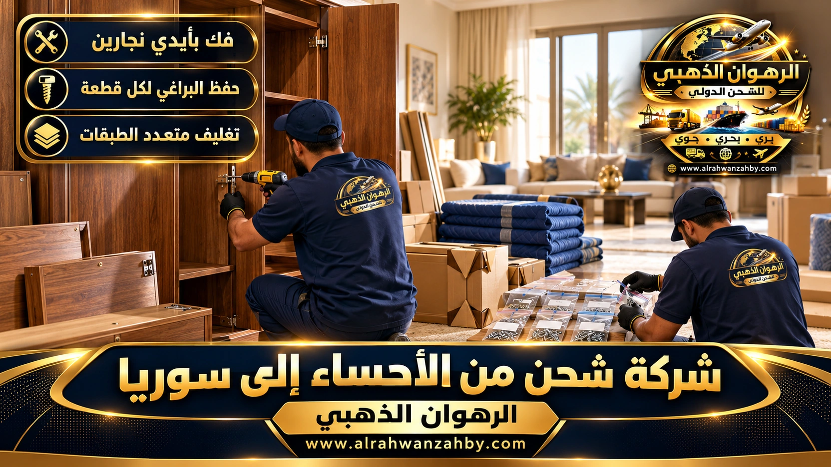 فك دولاب خشبي في بيت بالهفوف قبل شحنه إلى سوريا