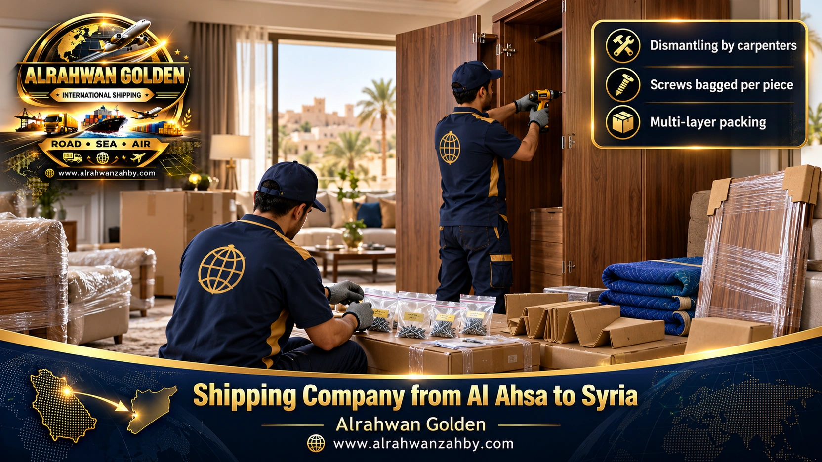 Dismantling a wooden wardrobe in a Hofuf home before shipping to Syria