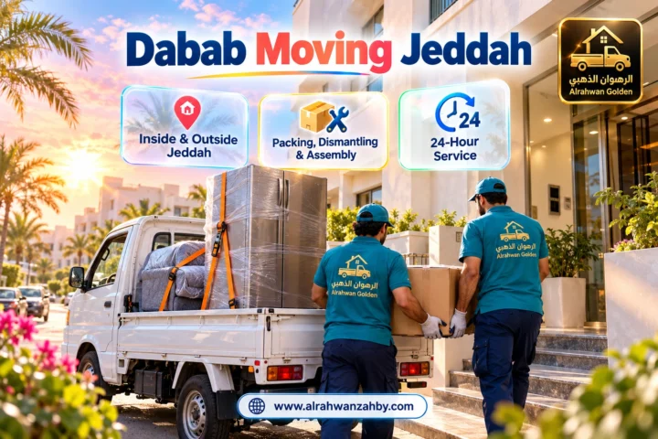 Small moving truck in Jeddah loading wrapped furniture outside a residential building — Alrahwan Golden