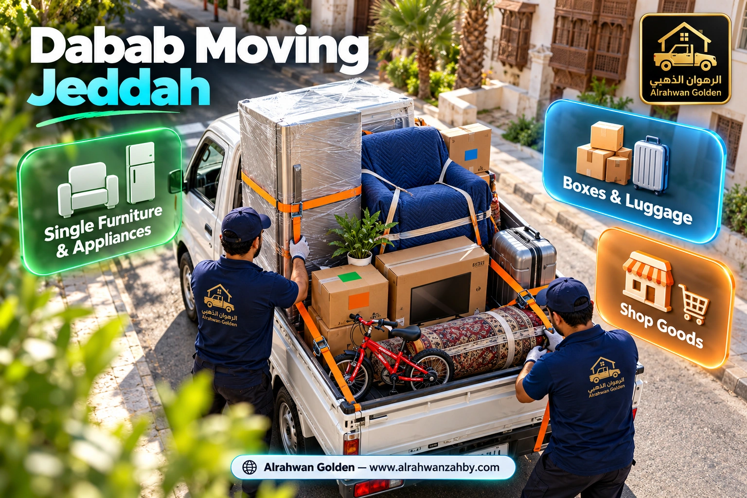Items suited to a small moving truck in Jeddah: fridge, sofa and boxes arranged in the box