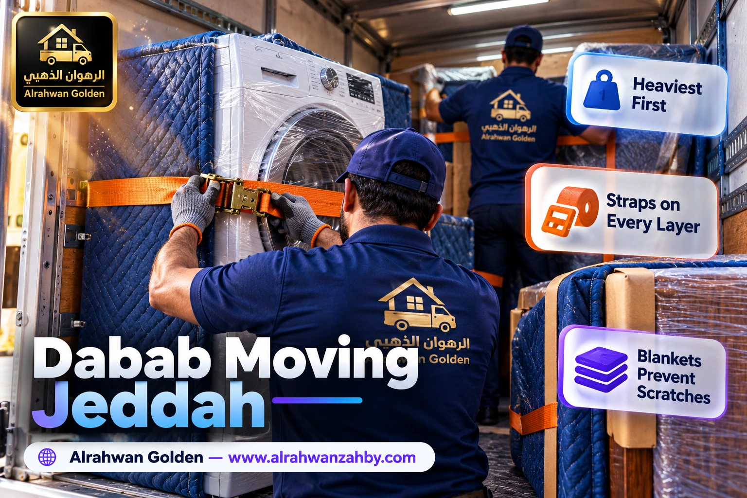 Furniture arranged and secured with ratchet straps inside a small moving truck in Jeddah