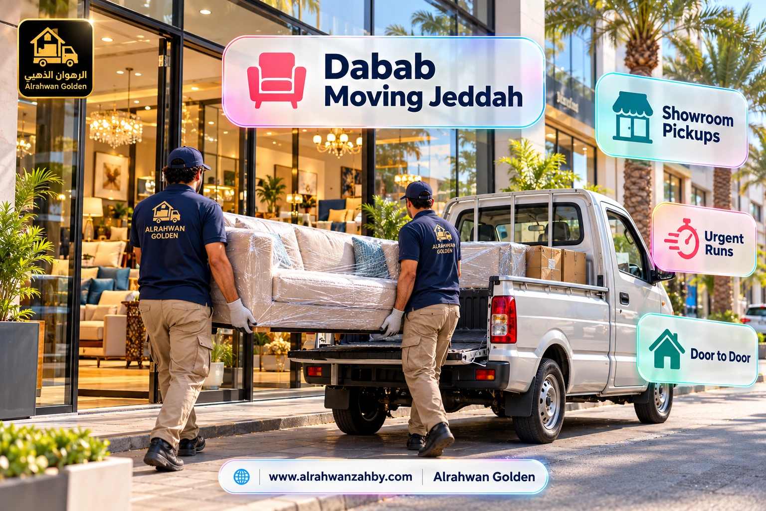 Dabab delivery in Jeddah collecting a sofa from a furniture showroom