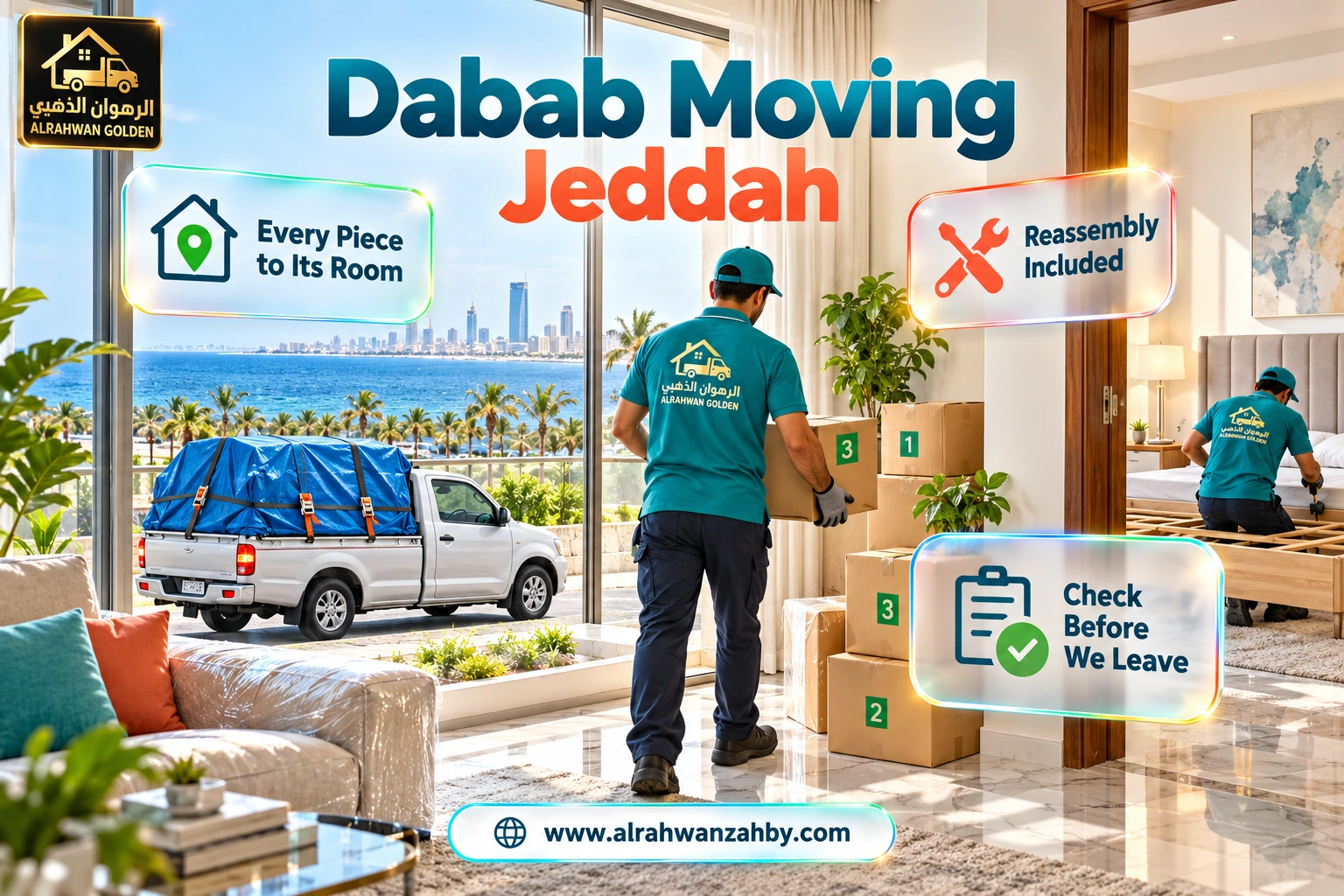 Unloading and delivering furniture at the new home after a dabab move in Jeddah